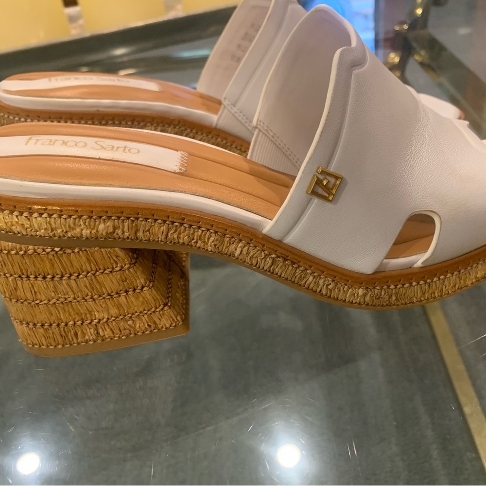 Franco Sarto White and Tan Mules with Textured Platform